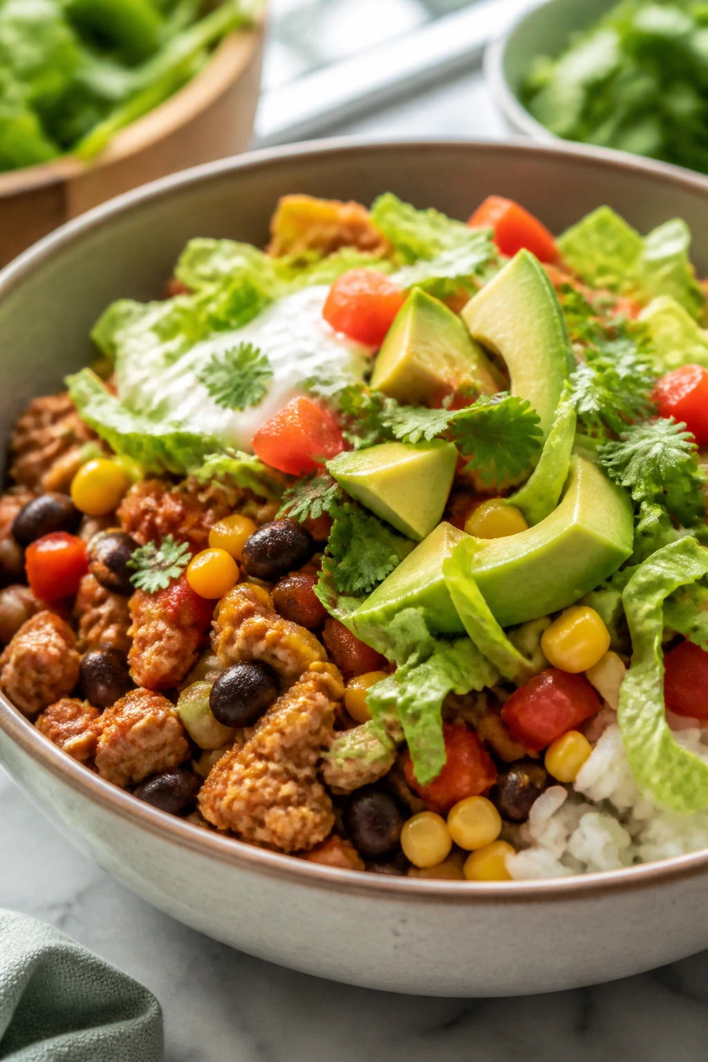 Close-up of a turkey and bean taco bowl with toppings on a bright kitchen counter