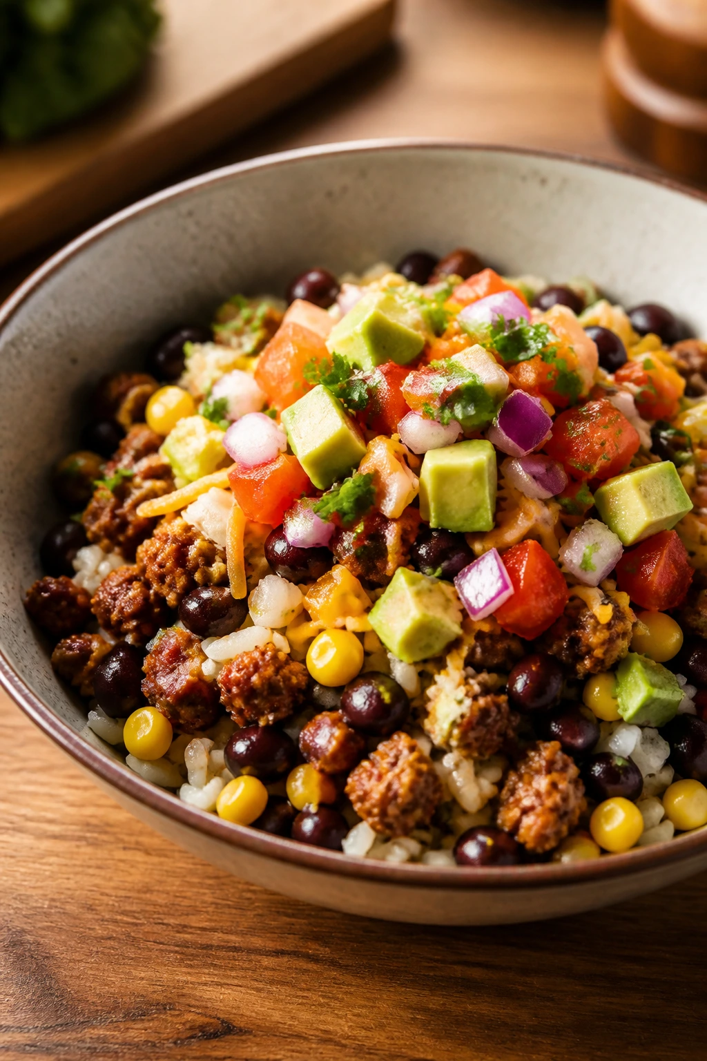 Close-up of turkey and bean taco bowls in a bowl on a kitchen counter