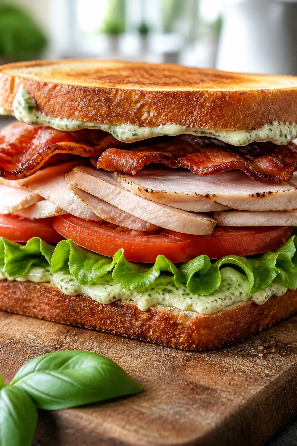 Close-up of turkey BLT with basil mayo sandwich on rustic cutting board