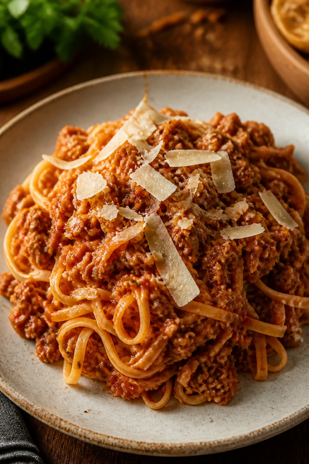 Plate of pasta with turkey Bolognese and visible grated vegetables