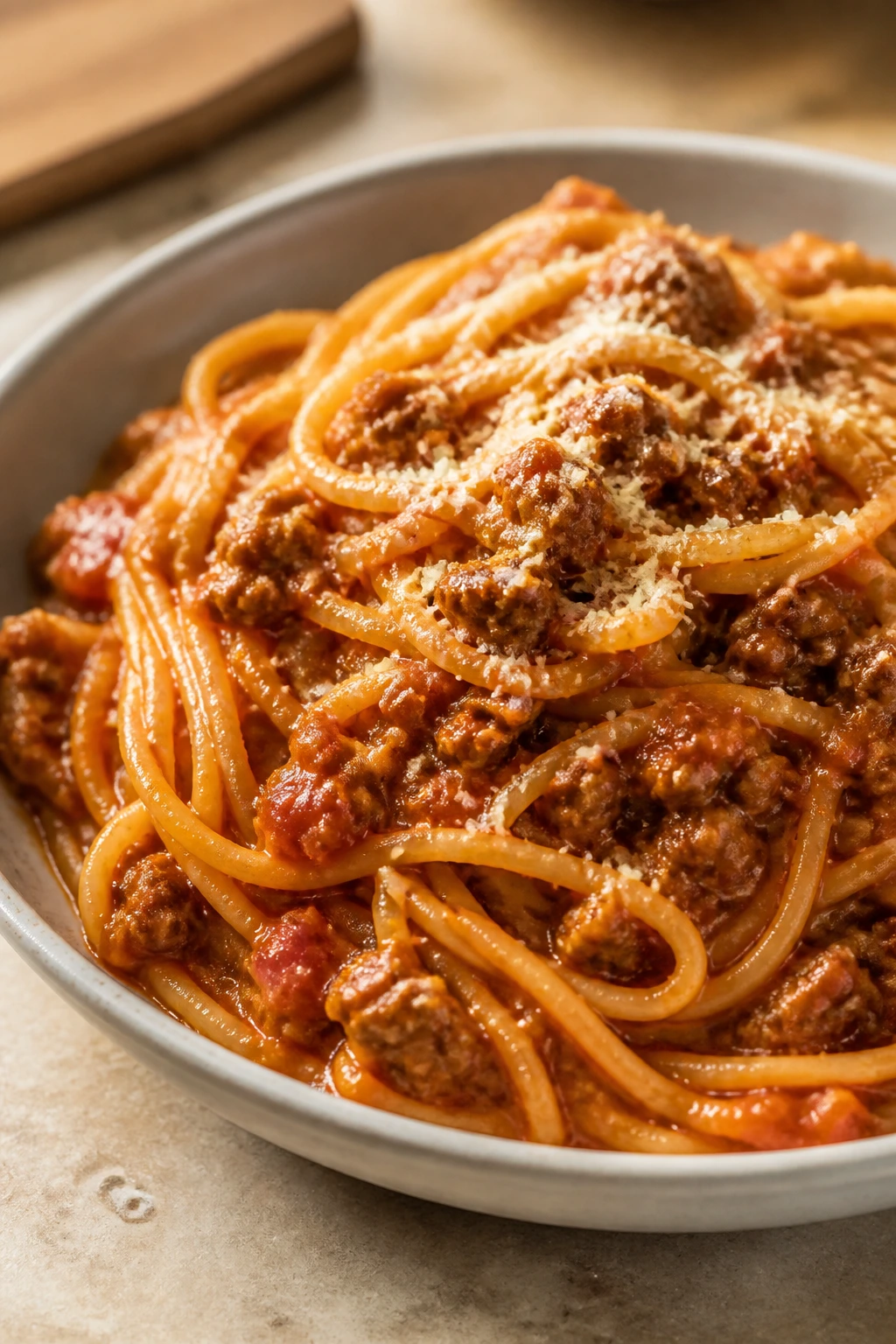 Close-up of turkey bolognese spaghetti in a bowl