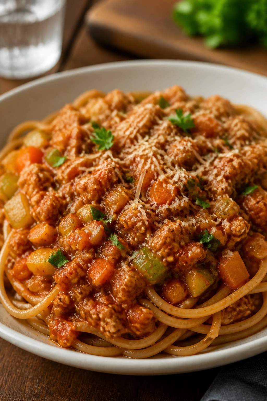 Close-up of turkey bolognese with veggies over whole-wheat pasta