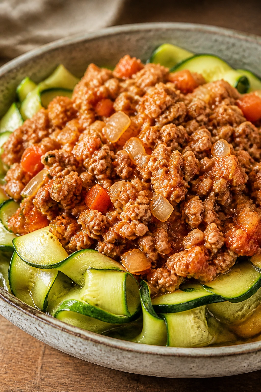 Close-up of turkey bolognese with zucchini ribbons on a rustic plate