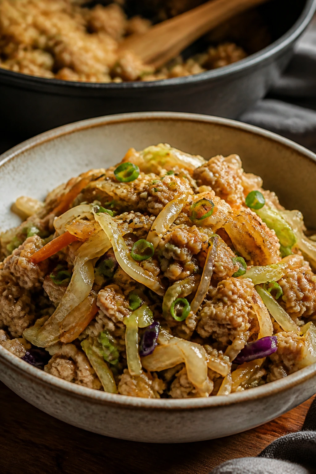 Close-up of turkey egg-roll-in-a-bowl dish in a bowl