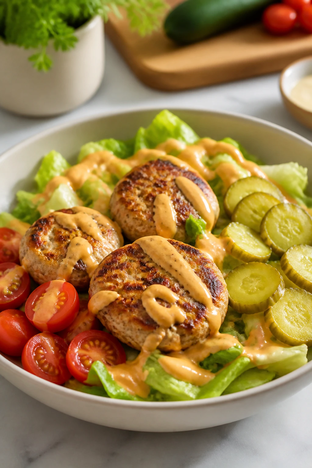 Bowl of turkey burger bowls with lettuce, tomatoes, pickles, and sauce