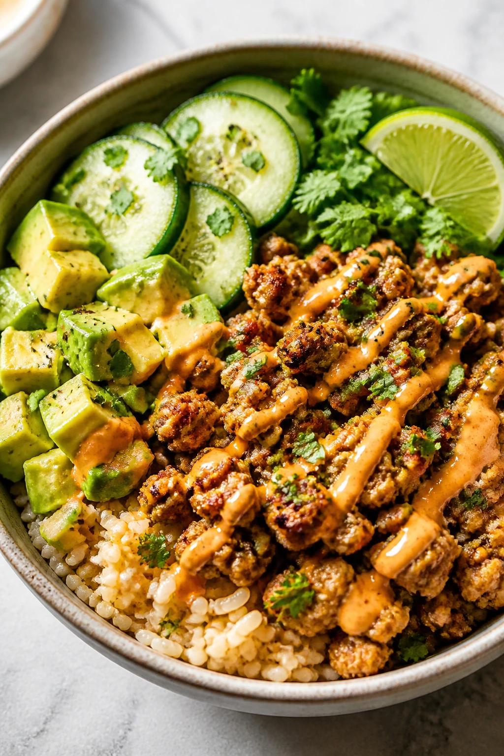 Turkey burger bowls with sriracha lime sauce in a bright kitchen