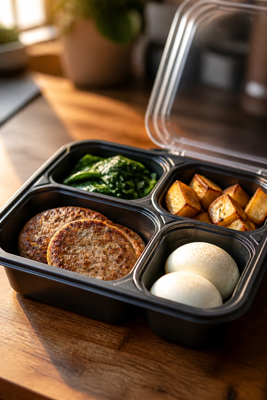Close-up of a turkey breakfast box with eggs, potatoes and spinach on a kitchen counter