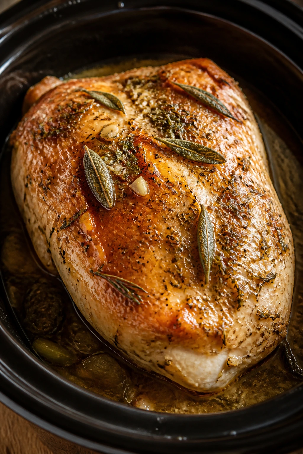 Herb-butter turkey breast in crockpot with herbs
