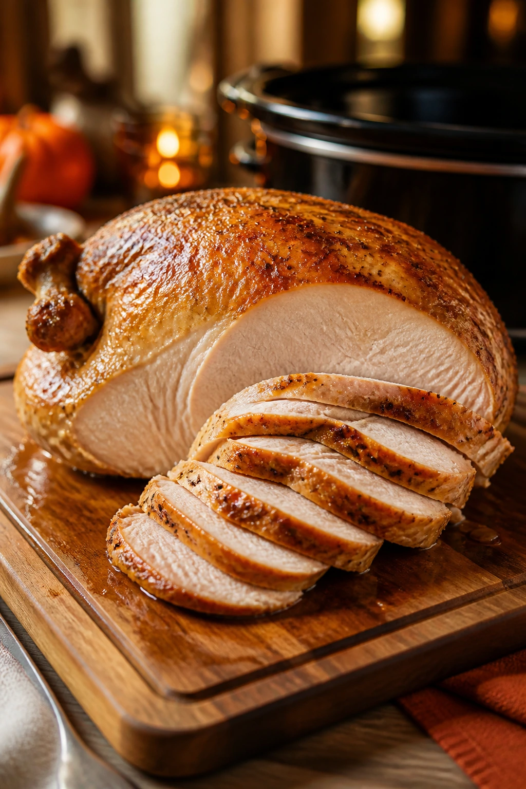 Close-up of bone-in turkey breast with golden skin on a wooden board in a warm dining room