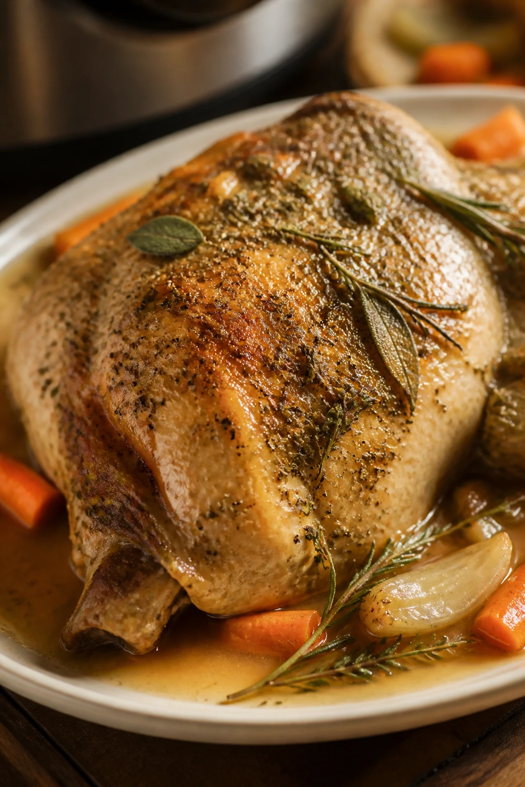 Bone-in turkey breast with herb rub and light gravy on a plate in a warm kitchen