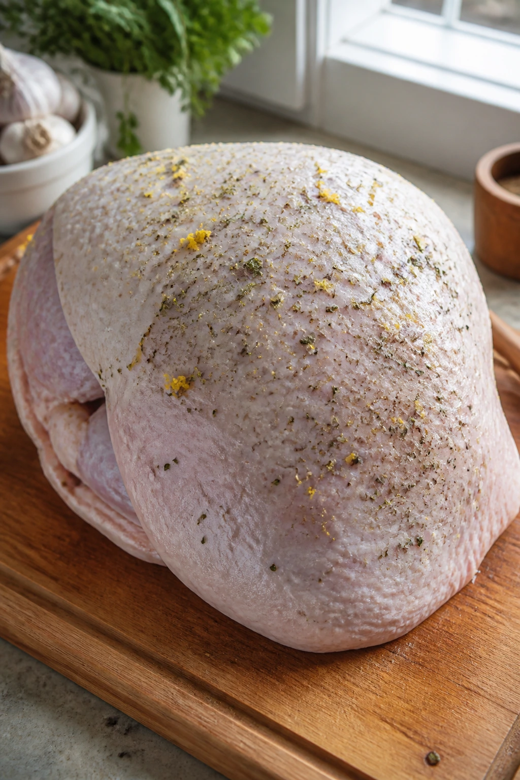 Close-up of raw turkey breast on cutting board in bright kitchen