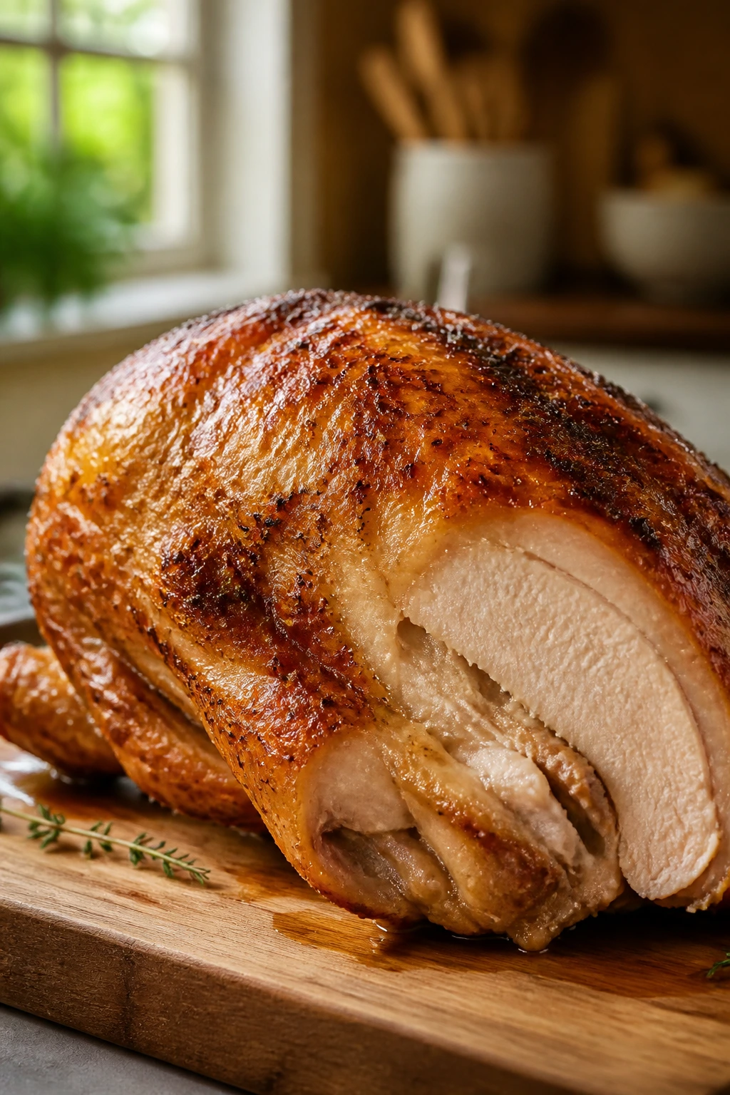 Close-up of bone-in roasted turkey breast with crispy skin on a wooden cutting board