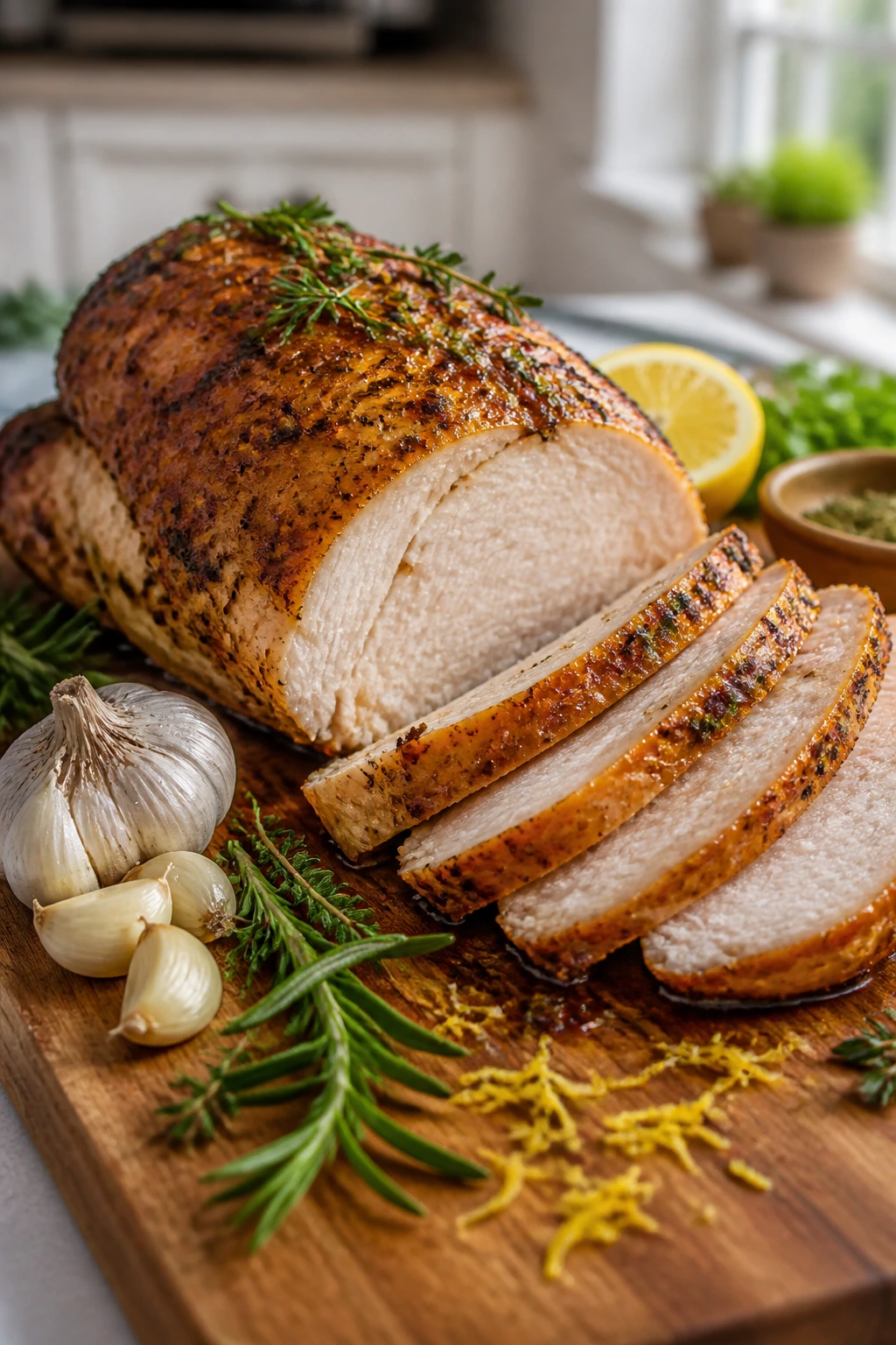Juicy roasted turkey breast with garlic and herbs on cutting board