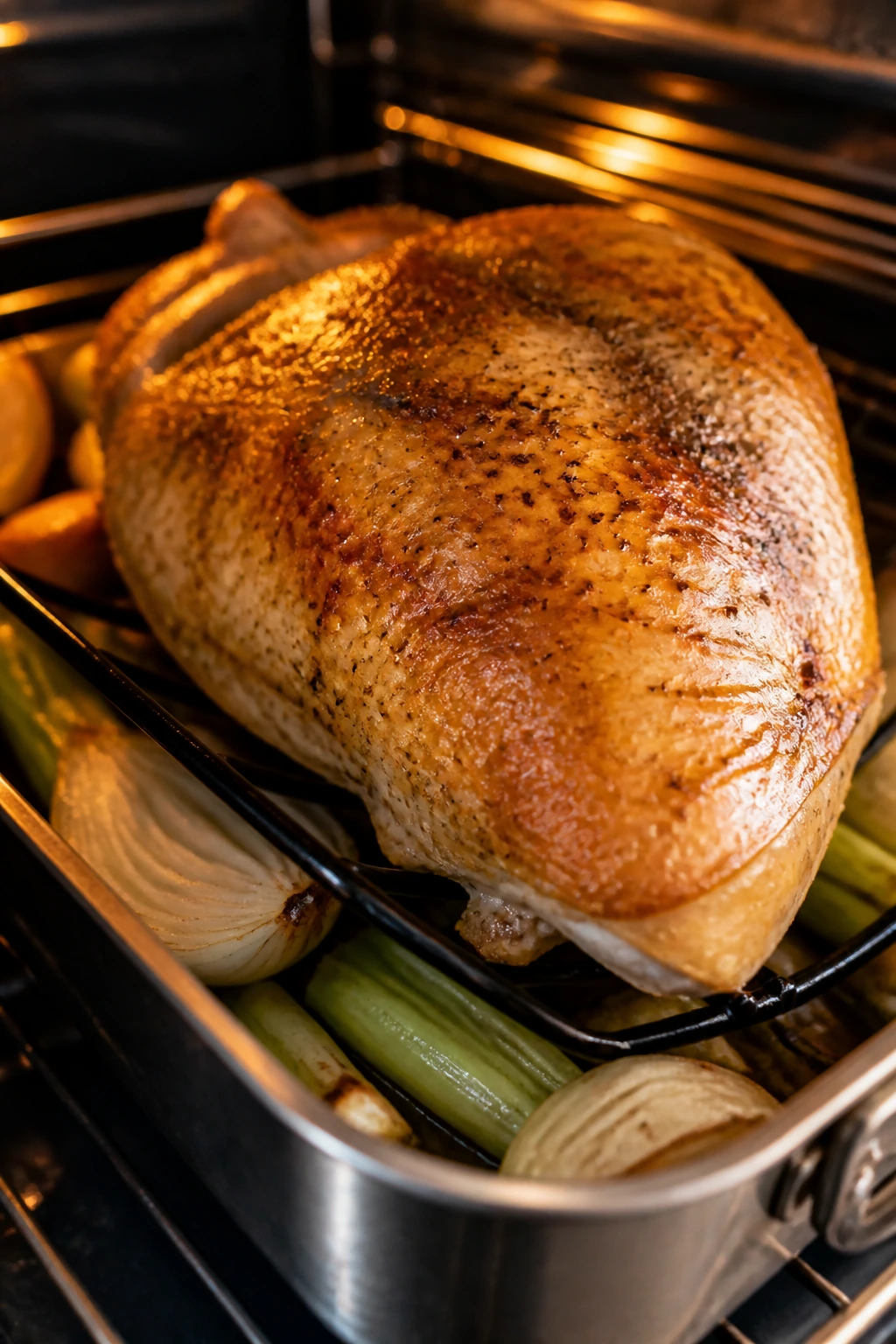 Turkey breast on roasting rack in pan with aromatics