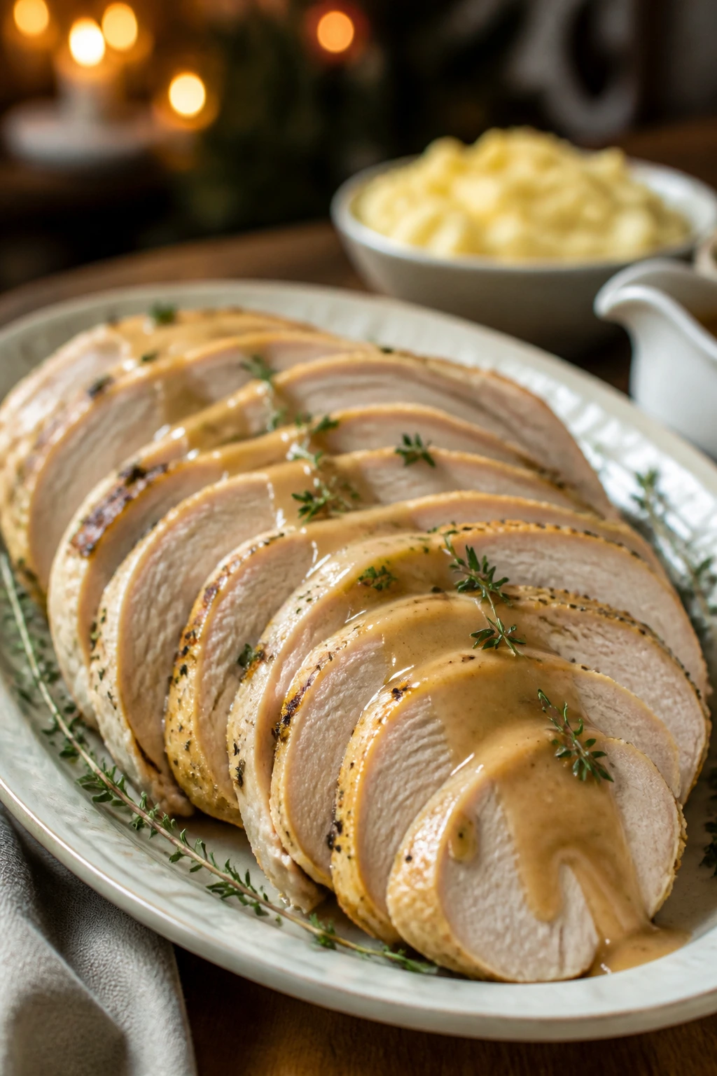 Sliced turkey breast on warmed platter with gravy