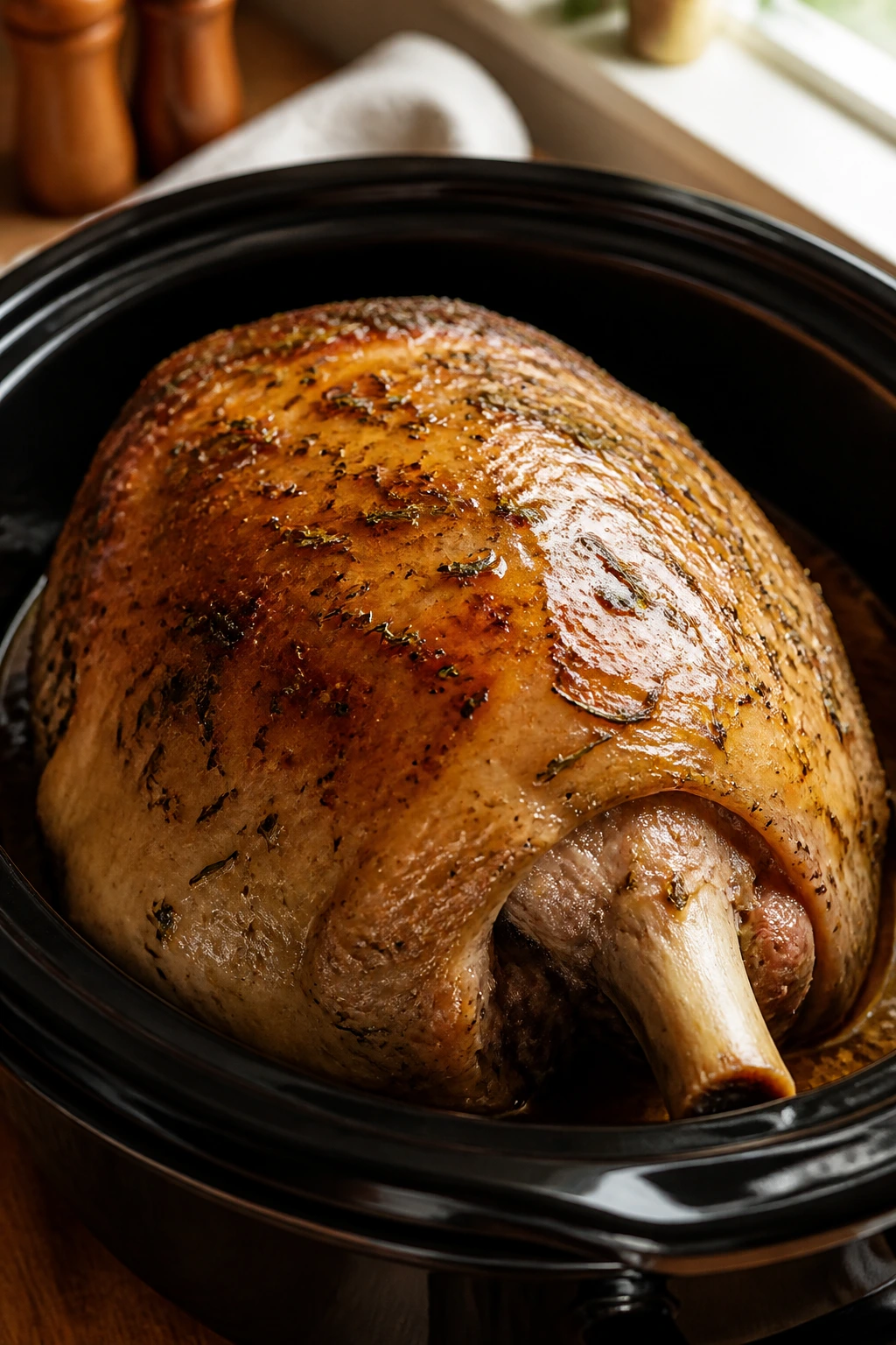 Close-up of bone-in turkey breast in a slow cooker with herb butter in a cozy kitchen