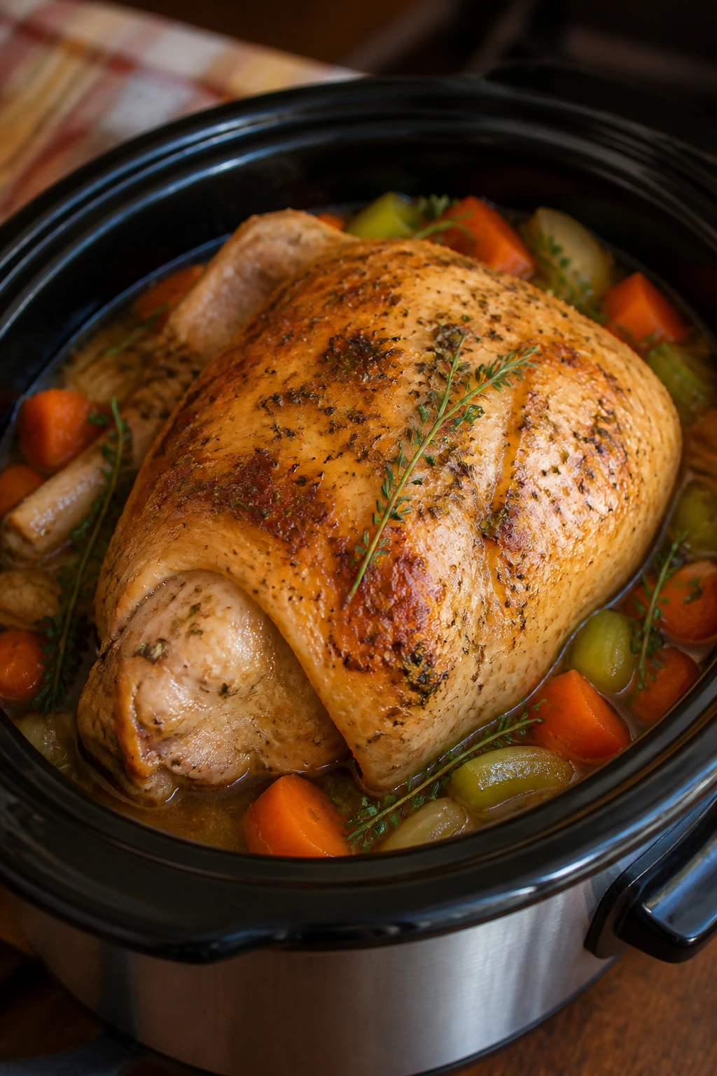Bone-in turkey breast in slow cooker with vegetables in a warm kitchen