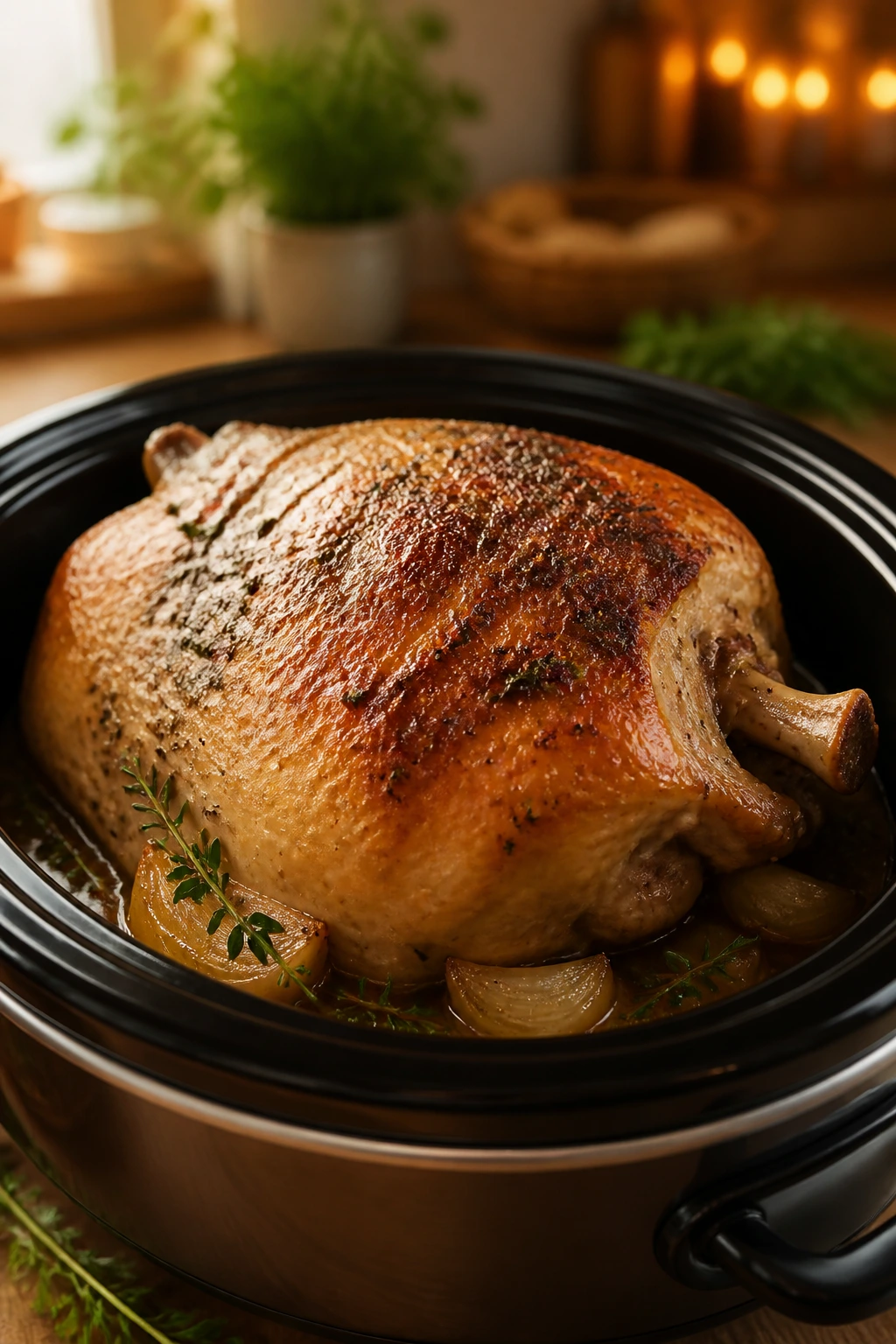Close-up of a bone-in, skin-on turkey breast with bronzed skin in a warm kitchen