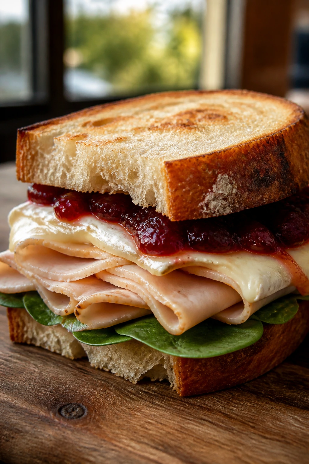 Close-up of Turkey Brie Cranberry Sandwich with turkey, brie, and cranberry sauce on sourdough