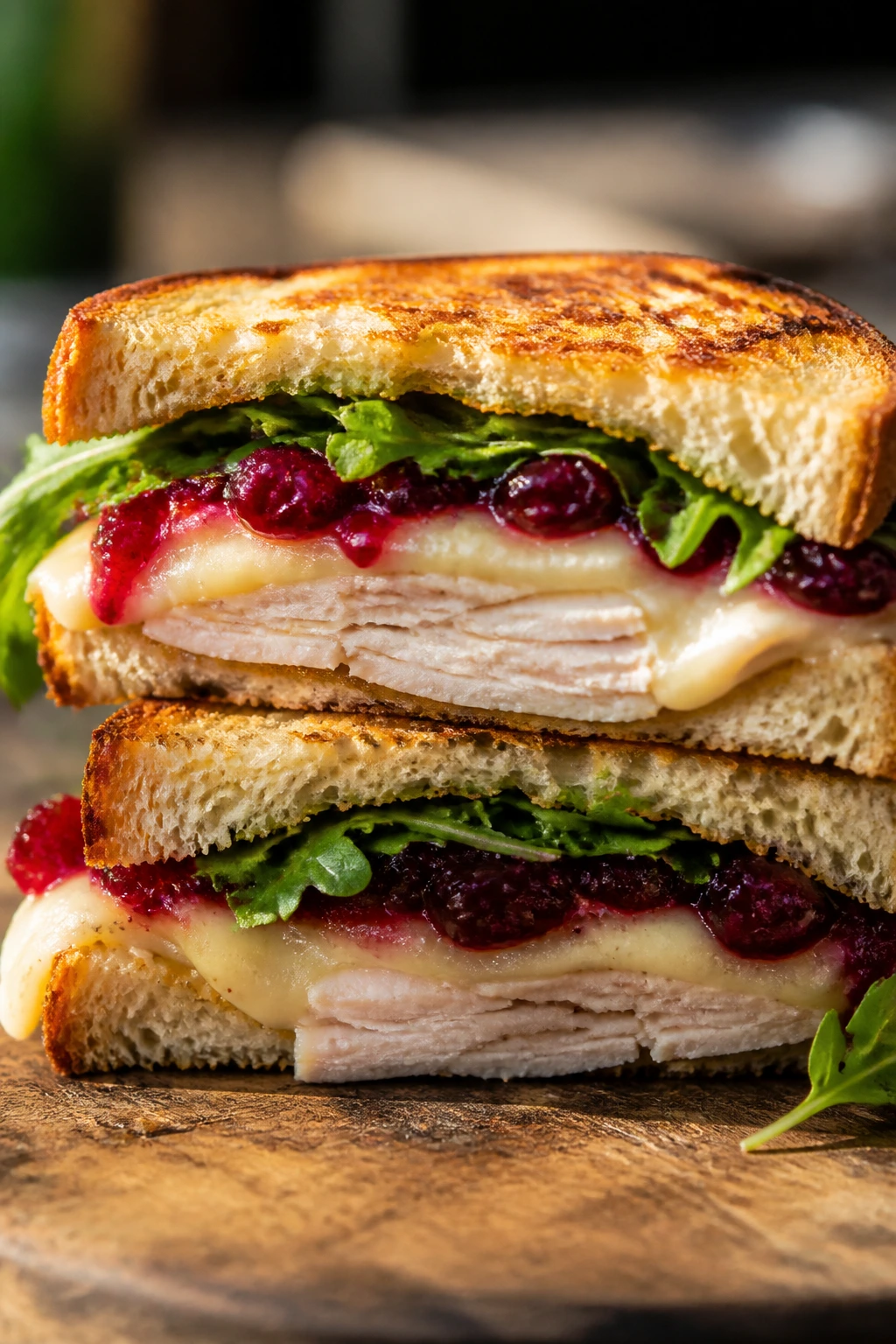 Turkey cranberry brie sandwich showing melty Brie and cranberry sauce on wooden board