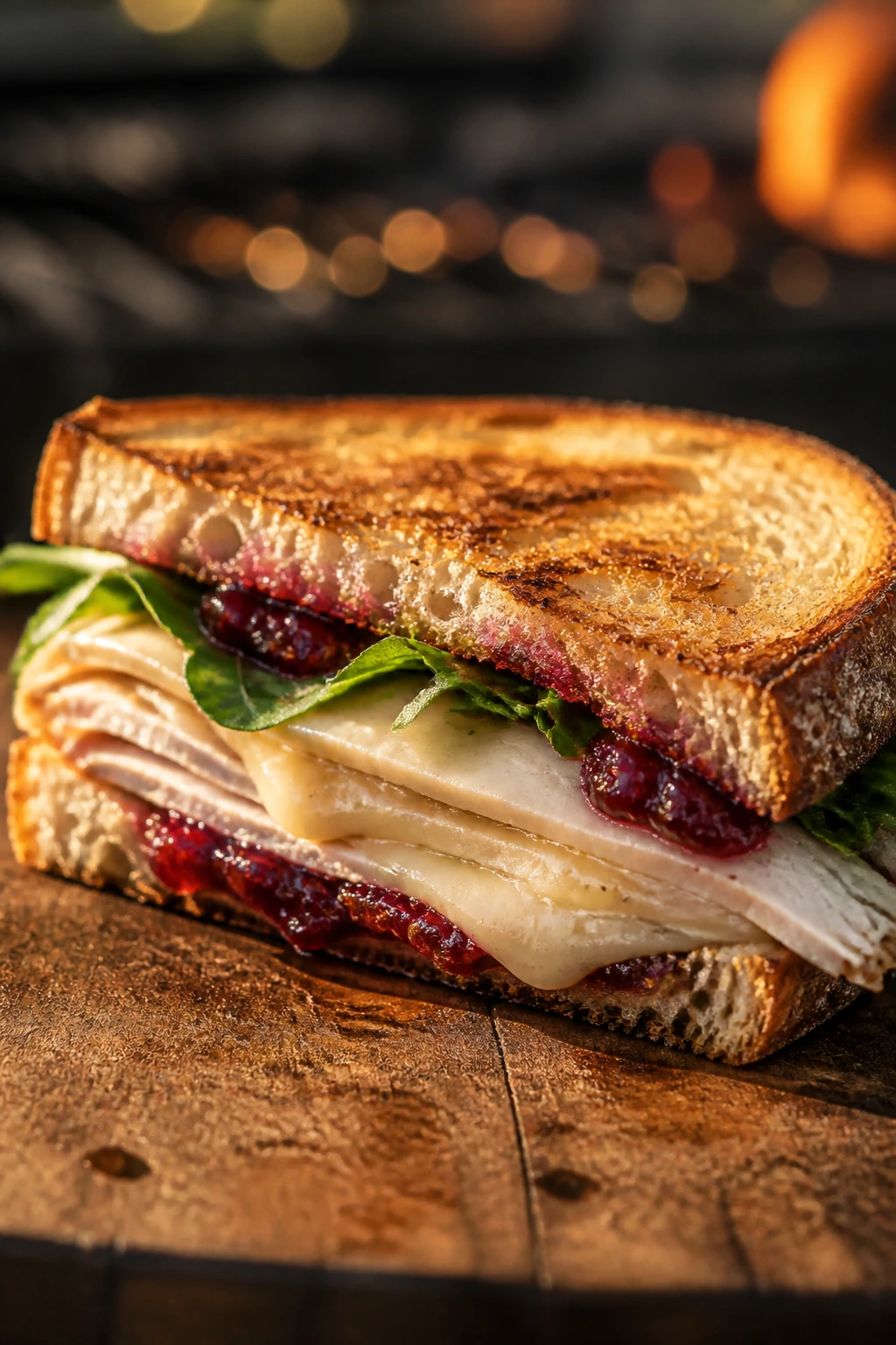 Close-up of a grilled turkey brie cranberry sandwich on sourdough