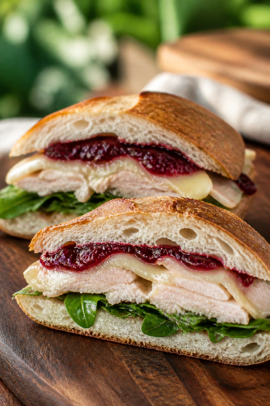 Cross-section of turkey brie cranberry sandwich showing melty Brie and cranberry sauce outdoors.