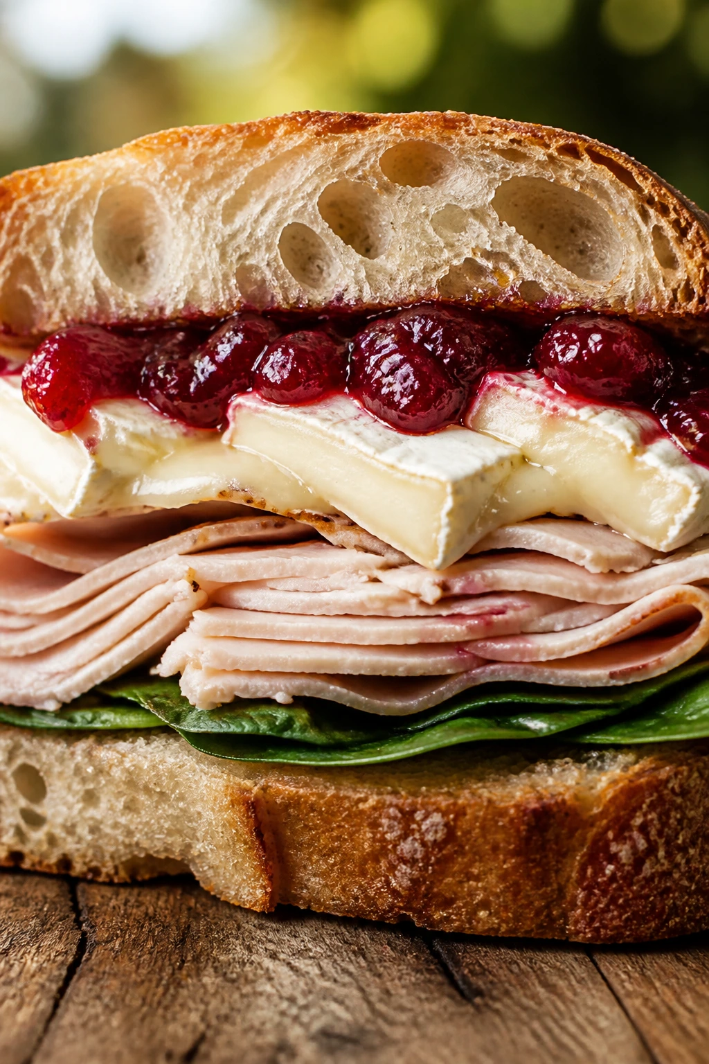 Close-up of a turkey brie cranberry on sourdough sandwich outdoors