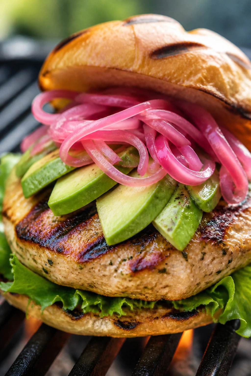 Juicy turkey burger with avocado and pickled onions on a plate outdoors