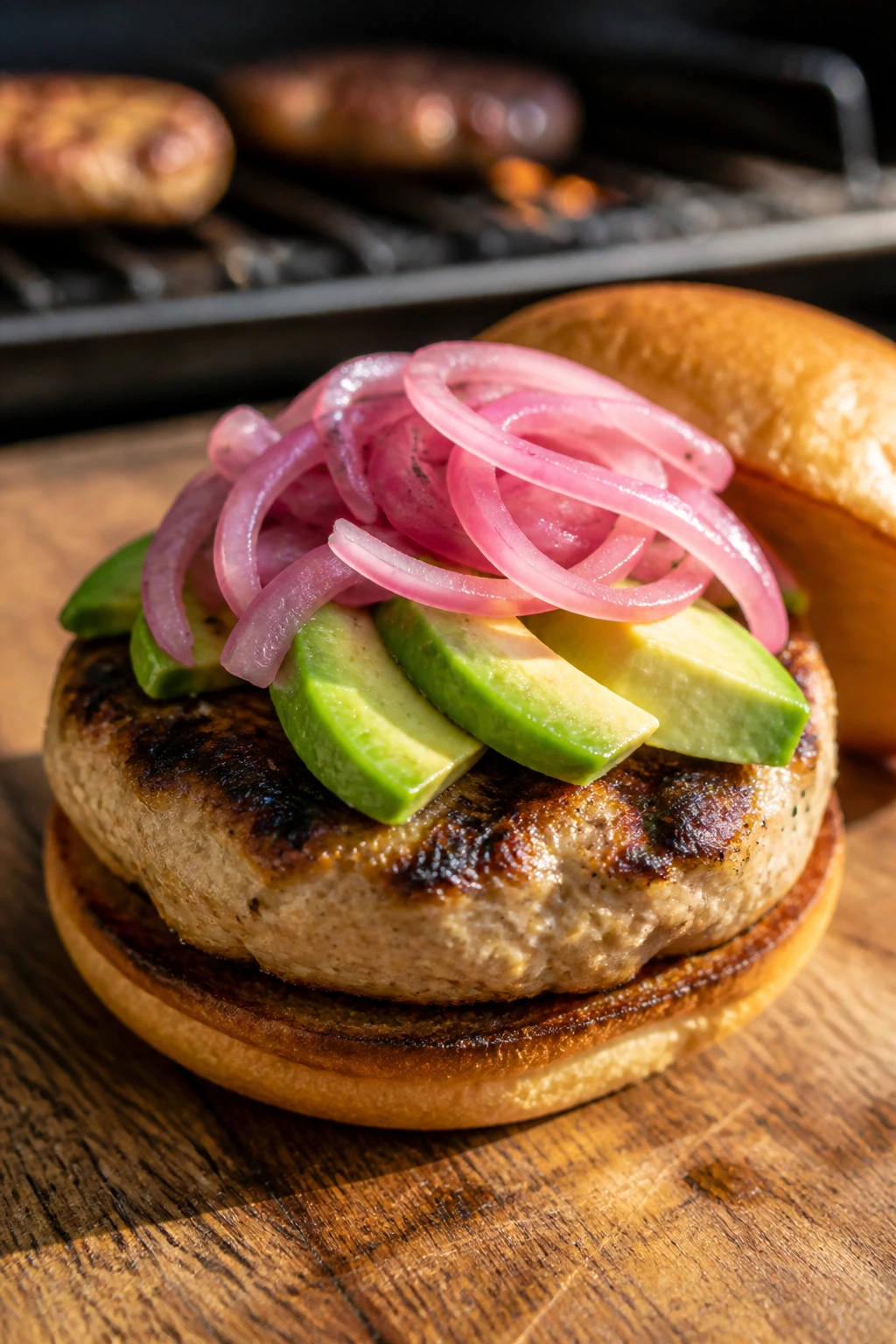 Close-up of a turkey burger topped with avocado and pickled onion on a toasted bun, grilled outdoors.