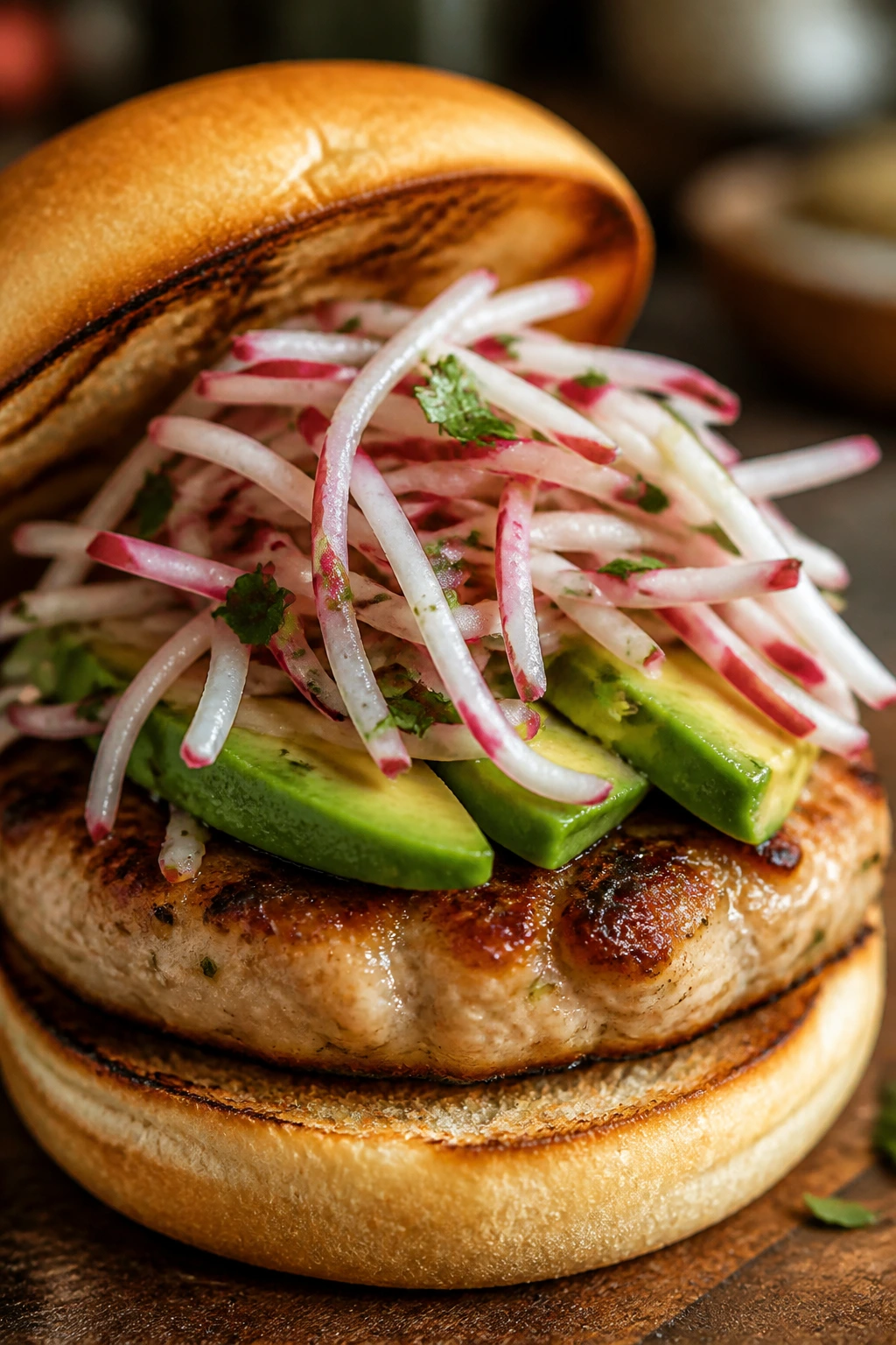 Close-up of turkey burger with avocado and radish slaw