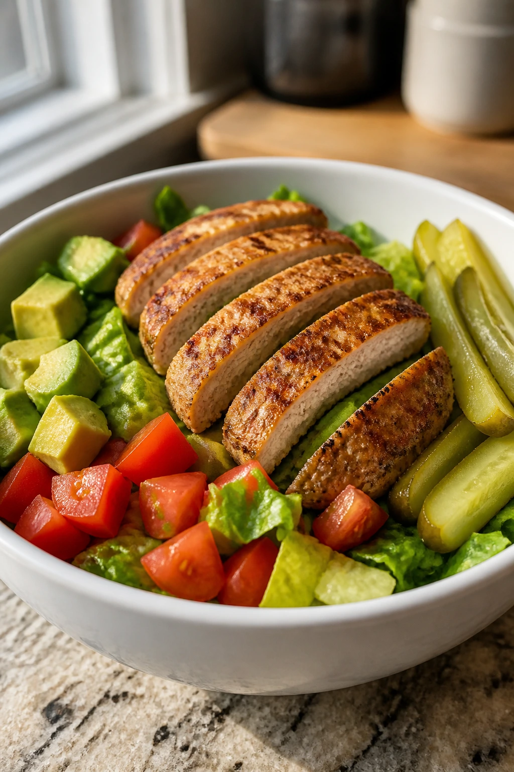 Close-up of a turkey burger bowl with greens, tomato and avocado in a white bowl