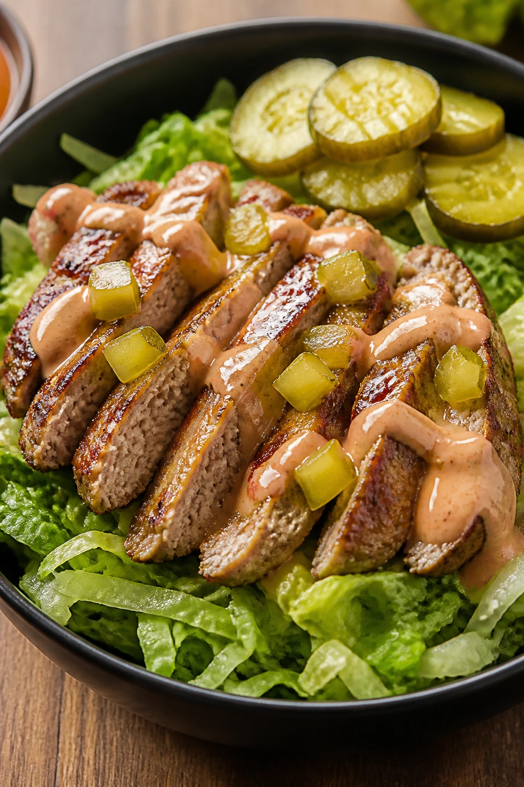 Turkey burger bowls with lettuce, tomatoes, and pickles in a bowl