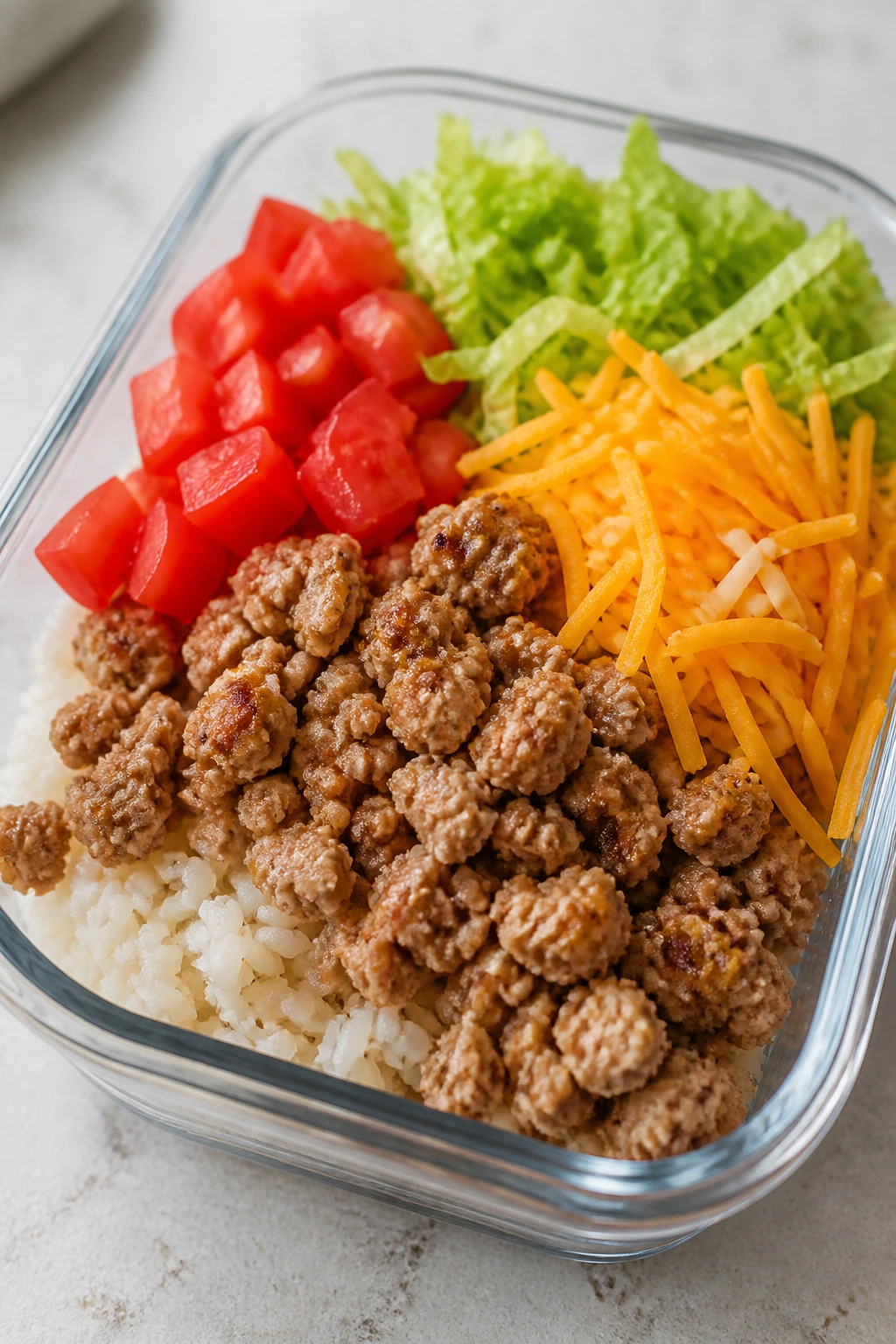 Meal-prep turkey burger bowl with rice and toppings