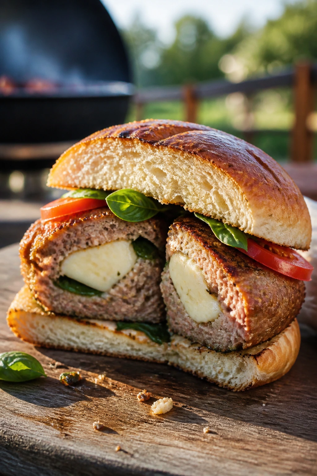 Cross-section Caprese stuffed turkey burger showing mozzarella, tomato, and basil on a bun.