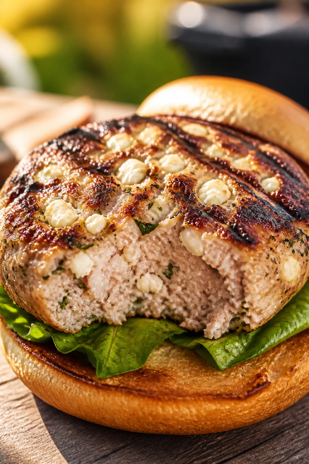 Close-up of turkey burger with feta on a grill