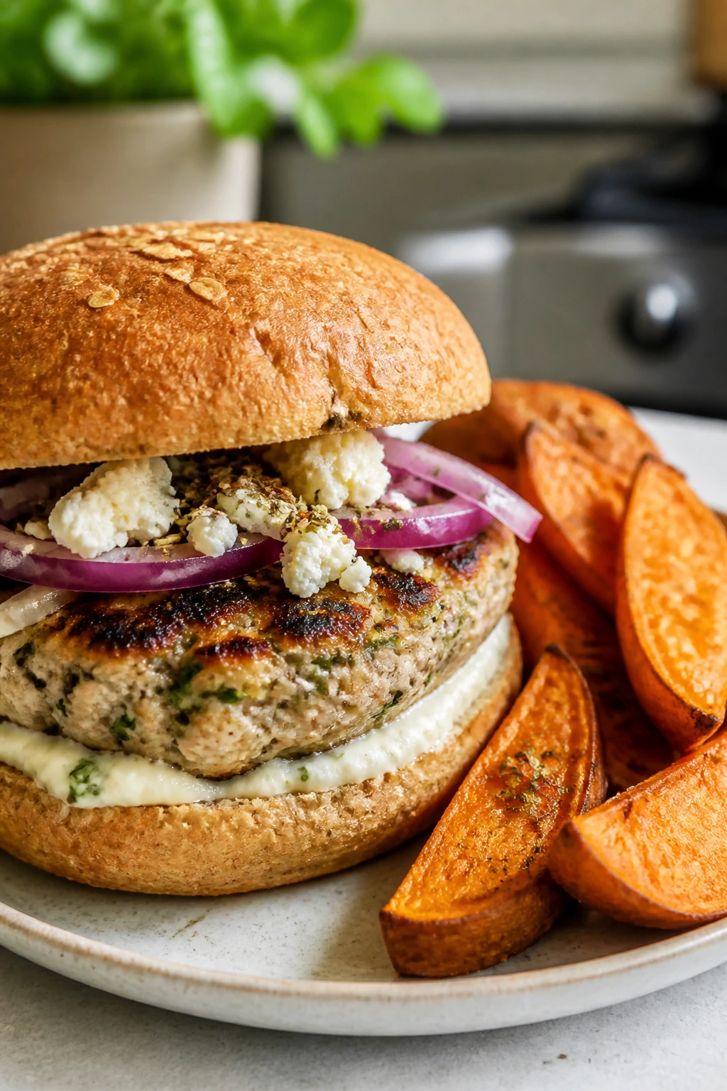 Juicy Greek turkey burger with feta and oregano on a bun with roasted sweet potatoes