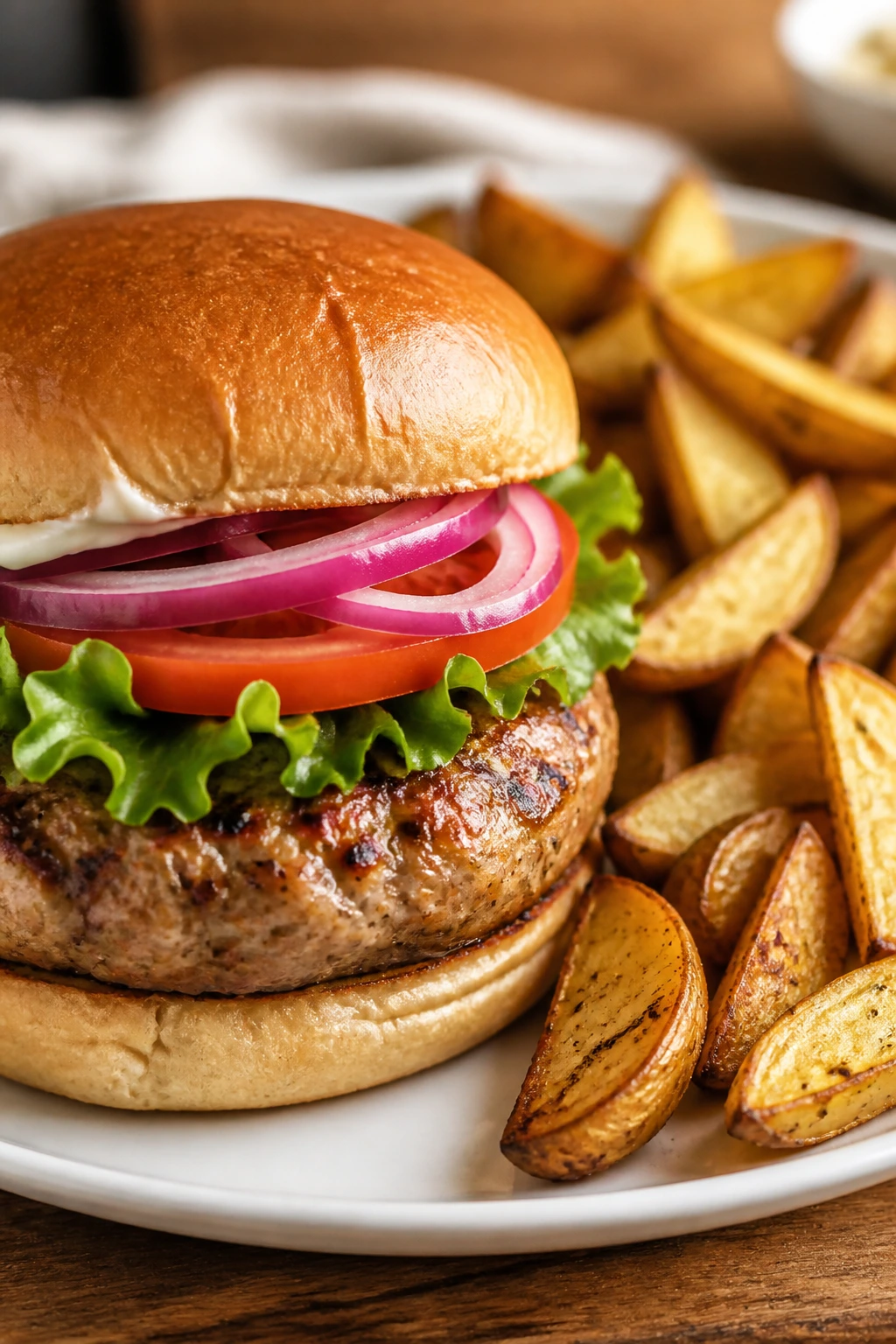 Close-up of a turkey burger with fries on a plate in a warm kitchen