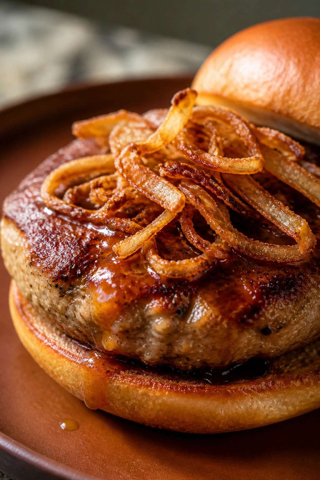 Close-up of hot honey glazed turkey burger with crispy onions