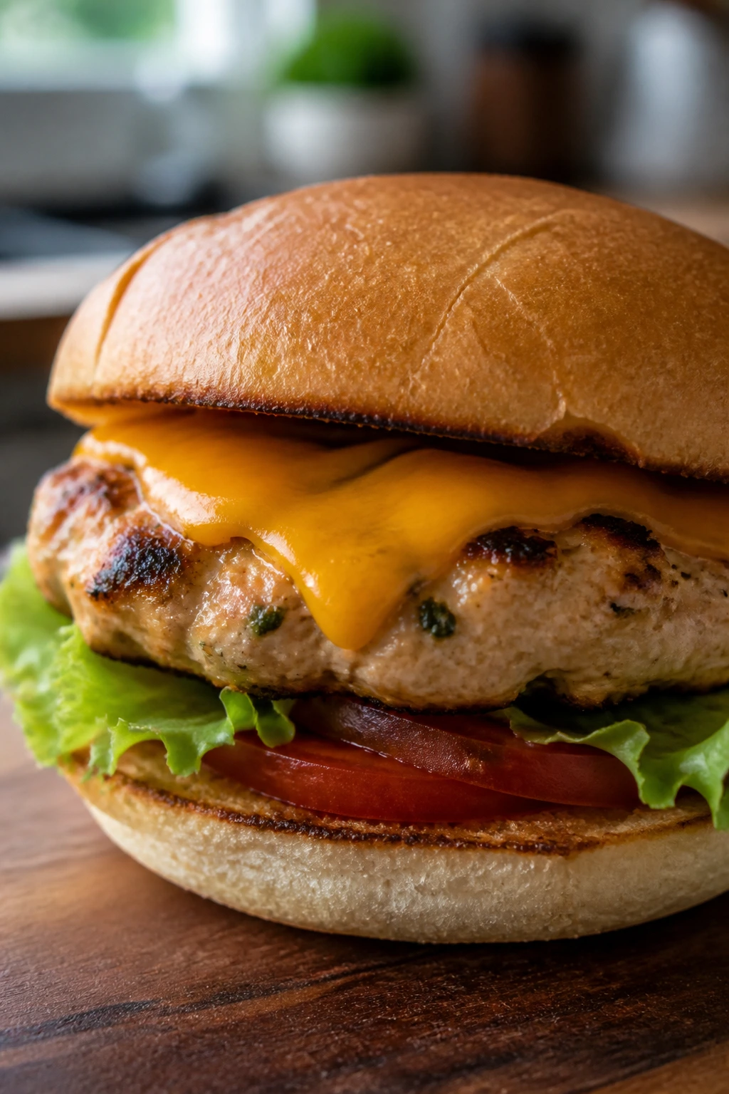 Juicy turkey burger patty with melted cheese on a bun on a kitchen counter