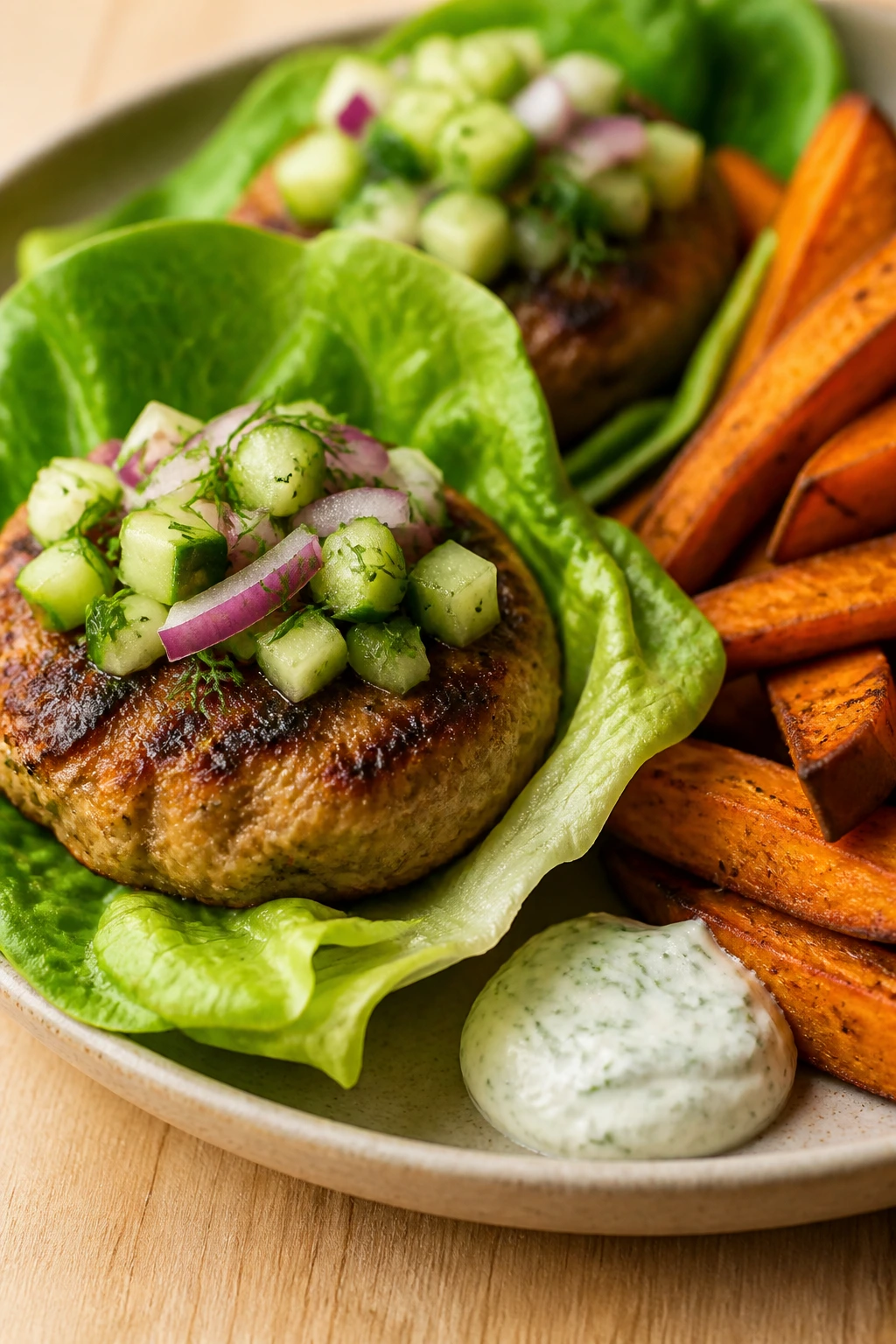 Lettuce-wrapped turkey burger with sweet potato wedges