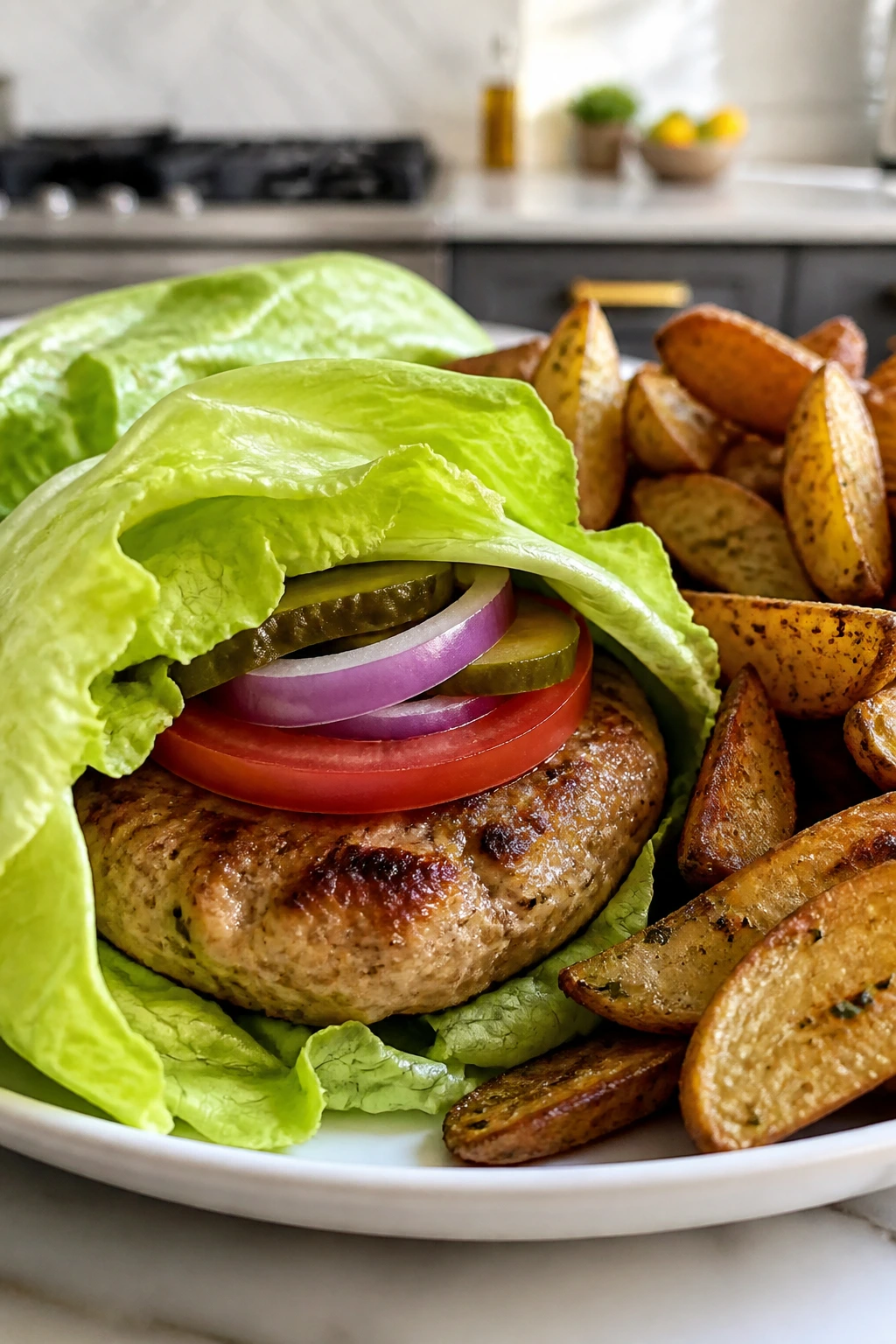 Lettuce-wrapped turkey burger with oven fries on a plate