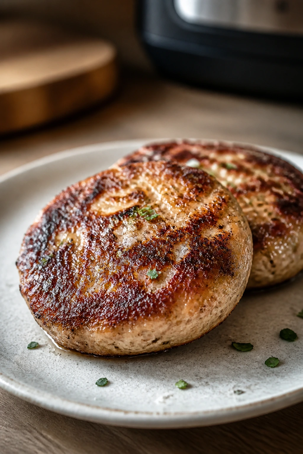 Close-up of crispy turkey burger patties on a plate