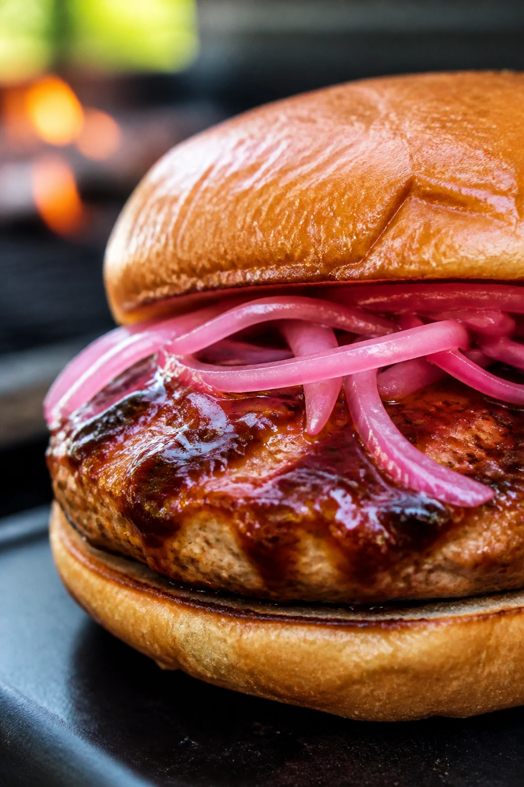 Close-up of a BBQ turkey burger with pickled onions on a bun