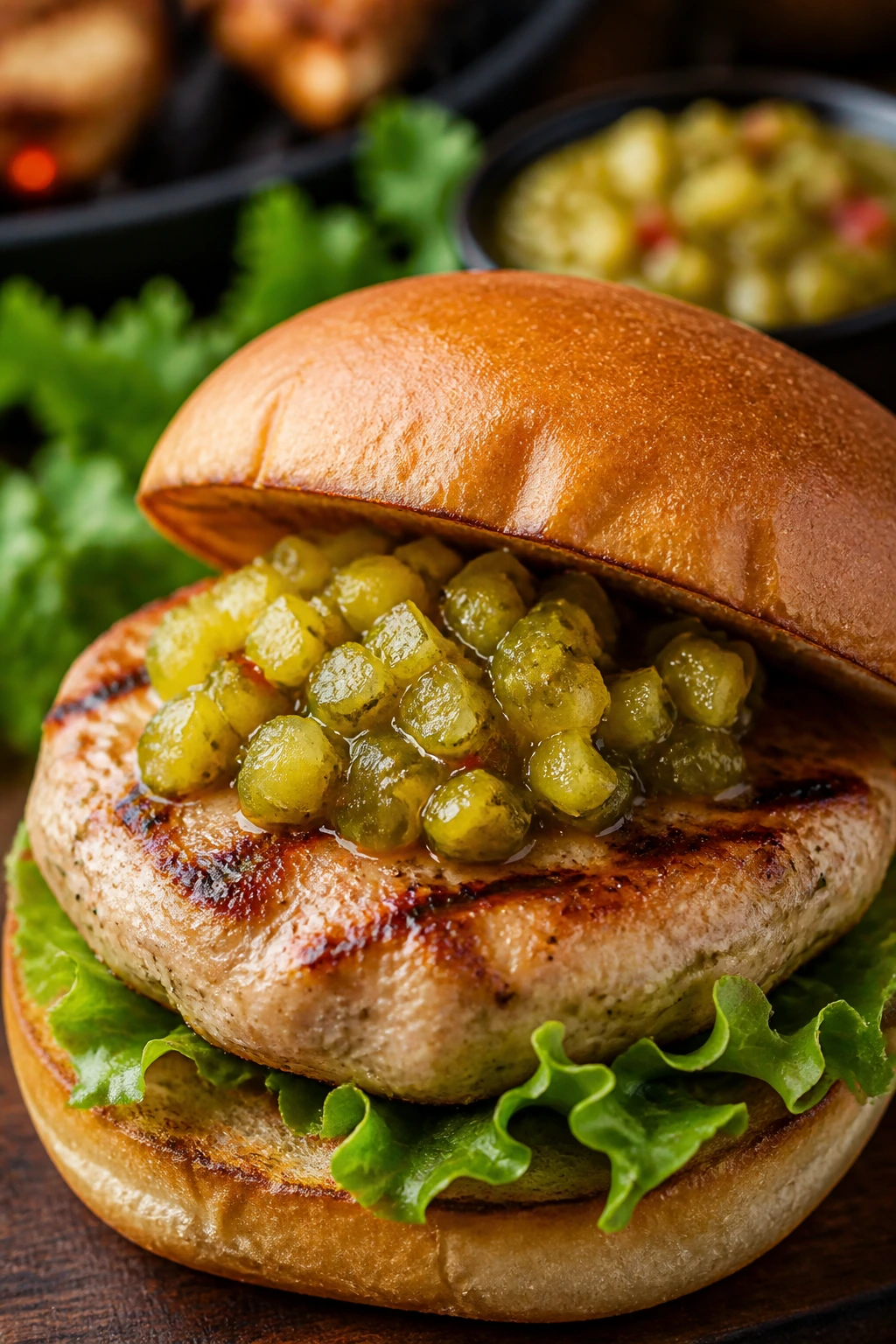 Close-up of a turkey burger with pickle relish on a bun.