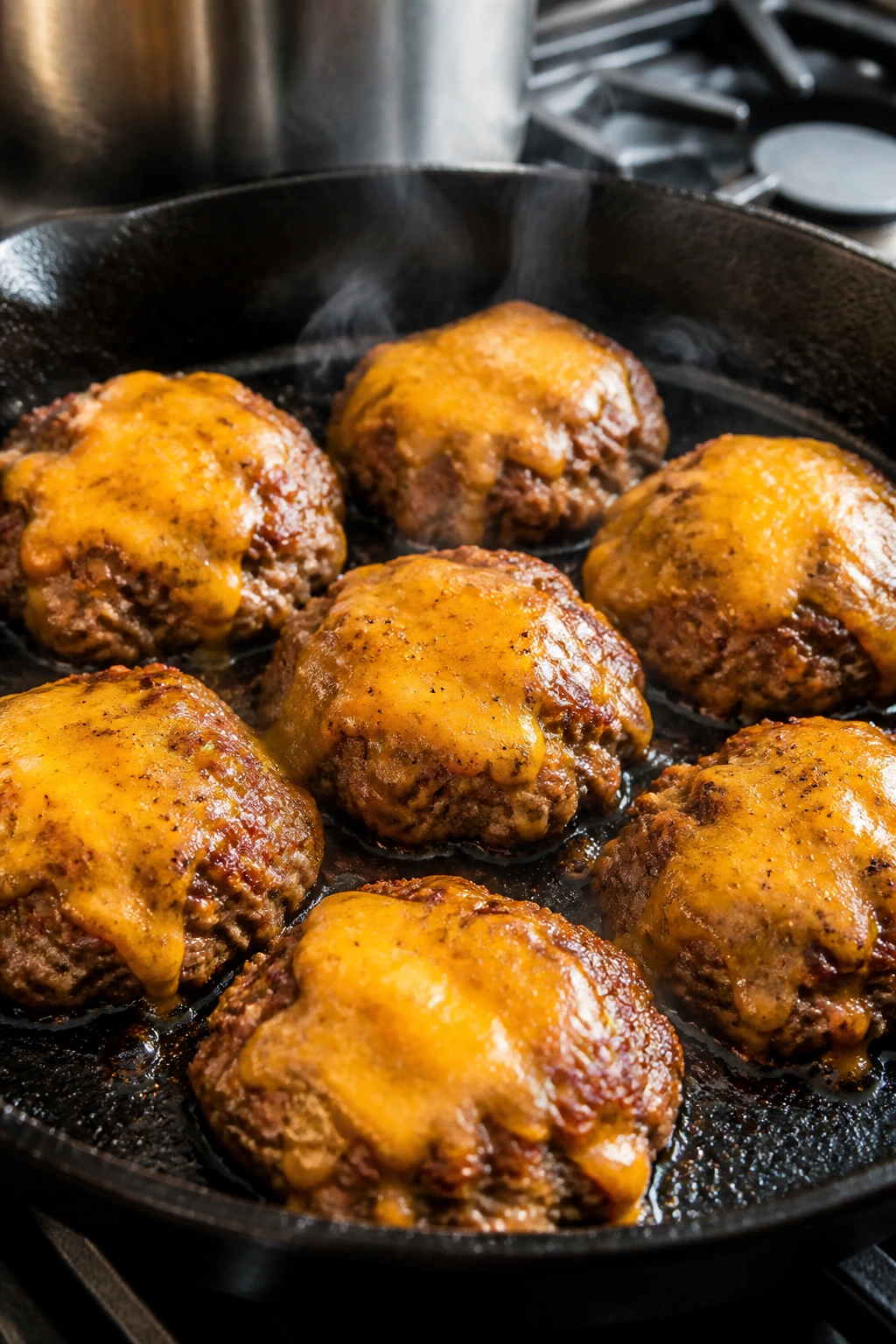 Close-up of turkey burger skillet with melted cheese in cast iron pan