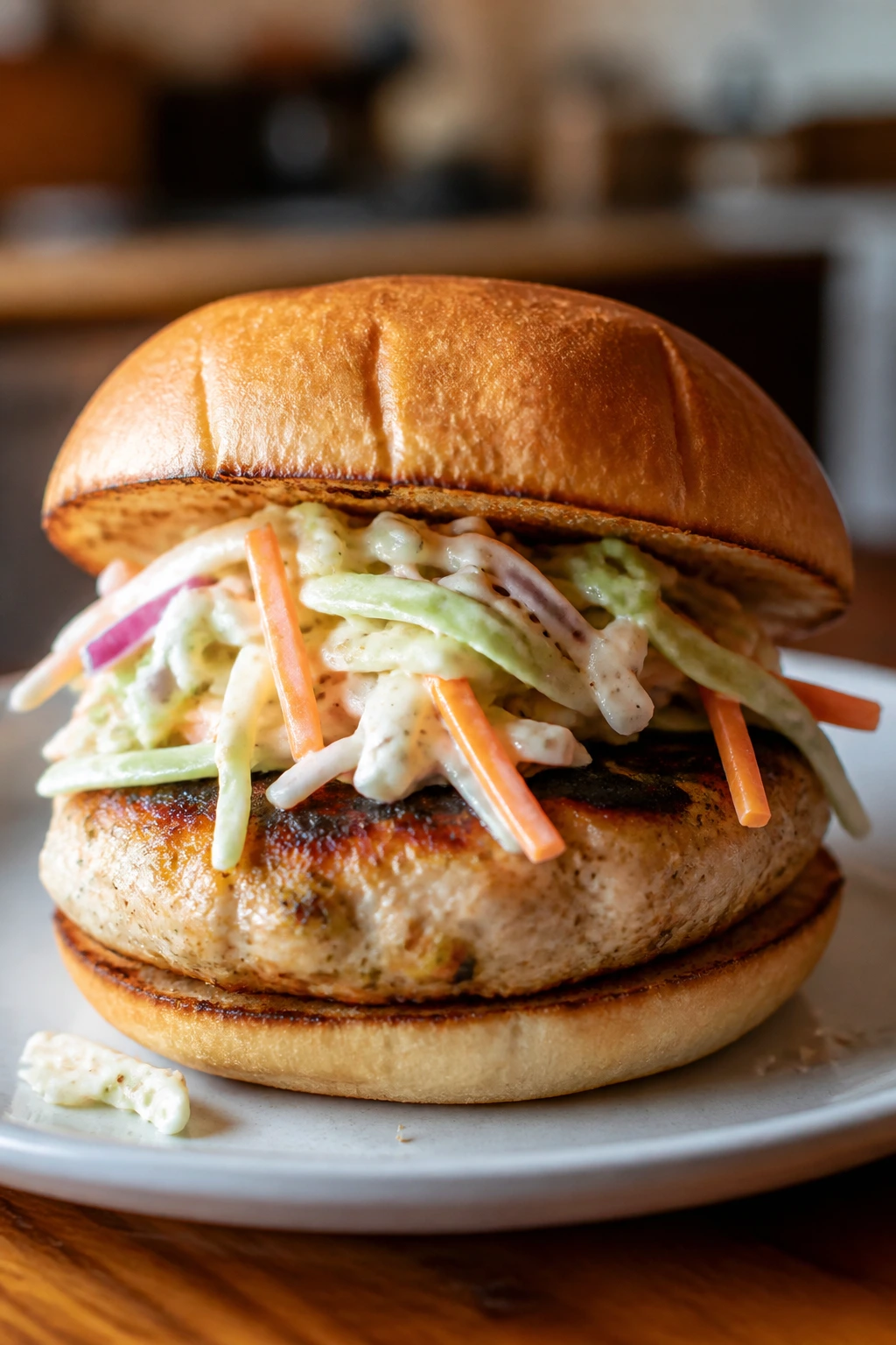 Turkey burger with slaw on bun on plate
