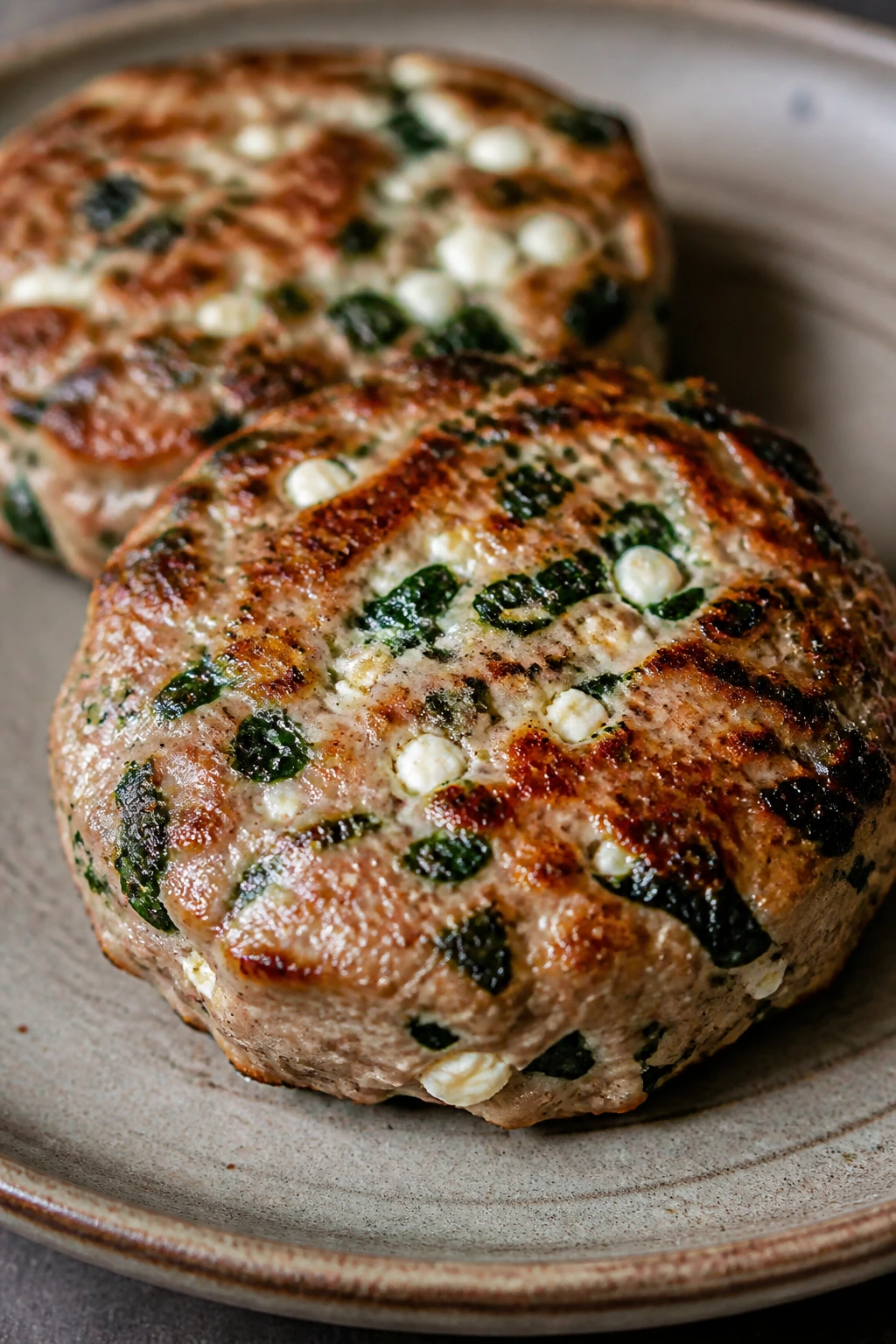 Turkey burger patty with spinach and feta visible