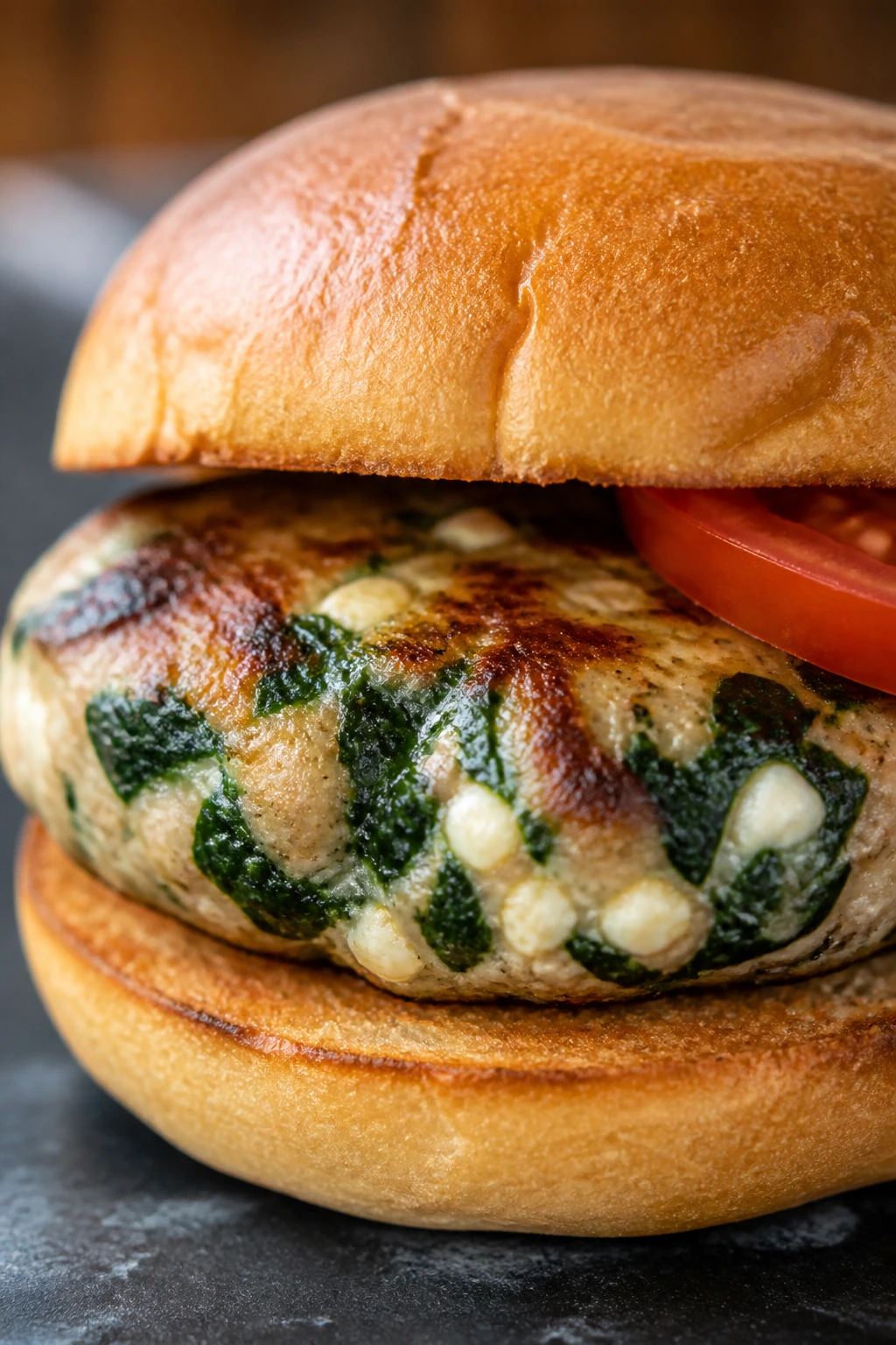 Close-up of spinach feta turkey burger on a bun with greens