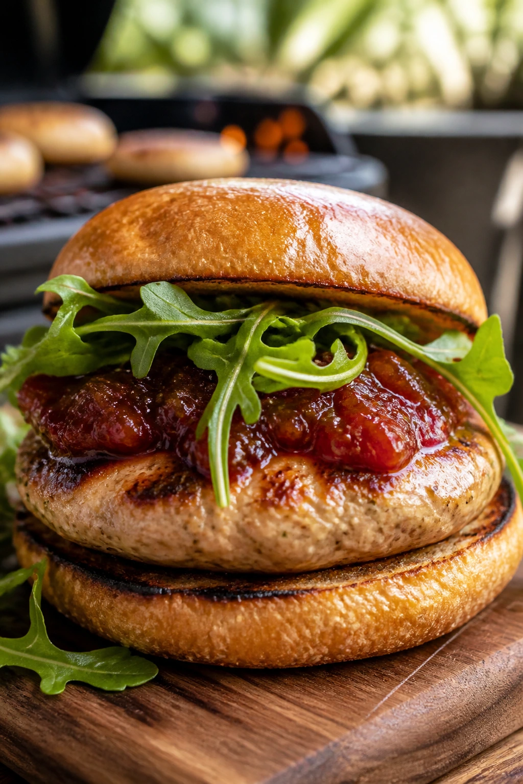 Turkey burger with tomato jam and arugula on bun