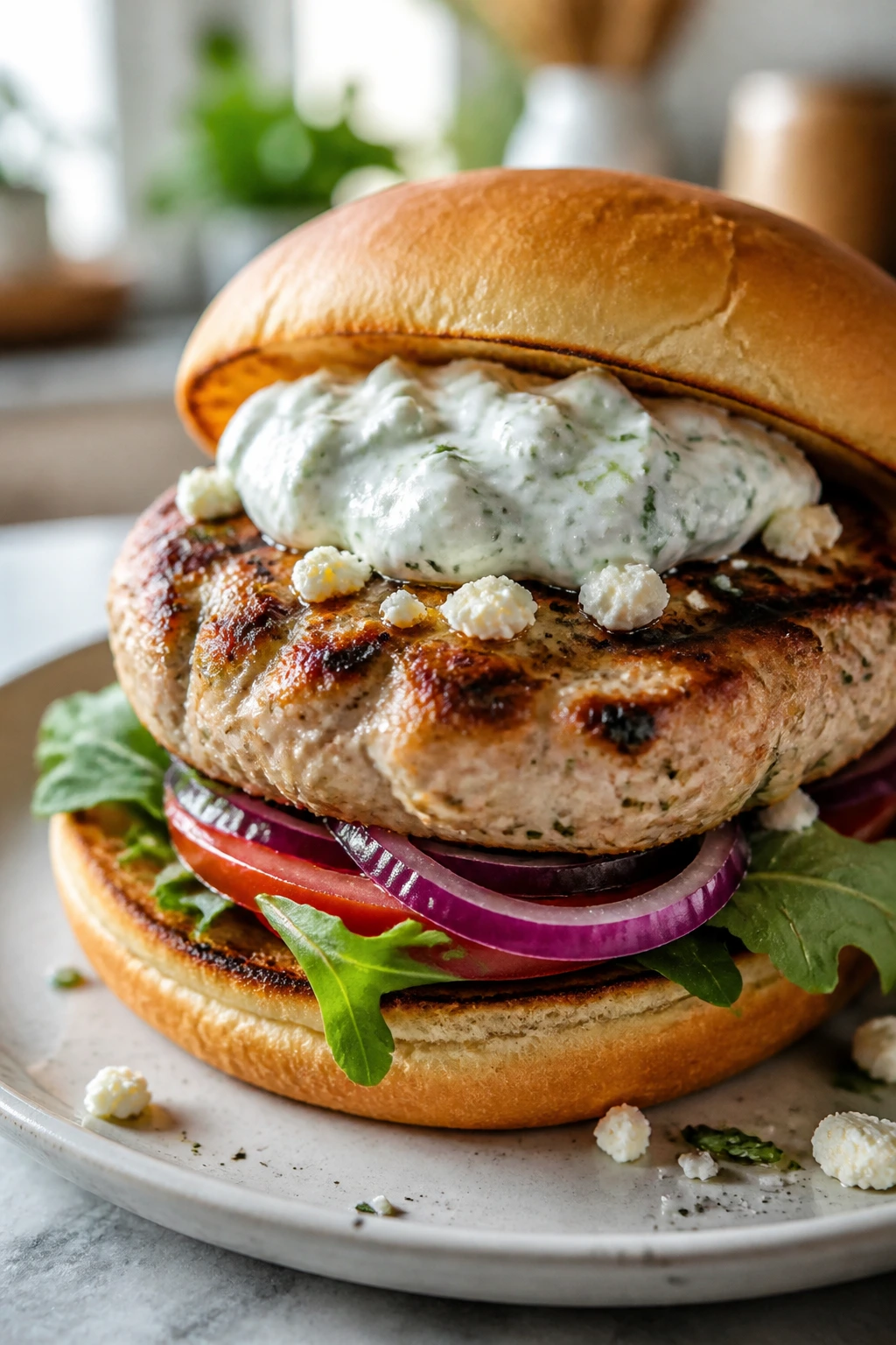 Close-up of Greek turkey burger with tzatziki on bun